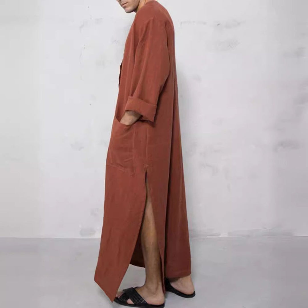 Comfortable men's button-front linen kaftan robe, a relaxed tunic for summer fashion & loungewear.