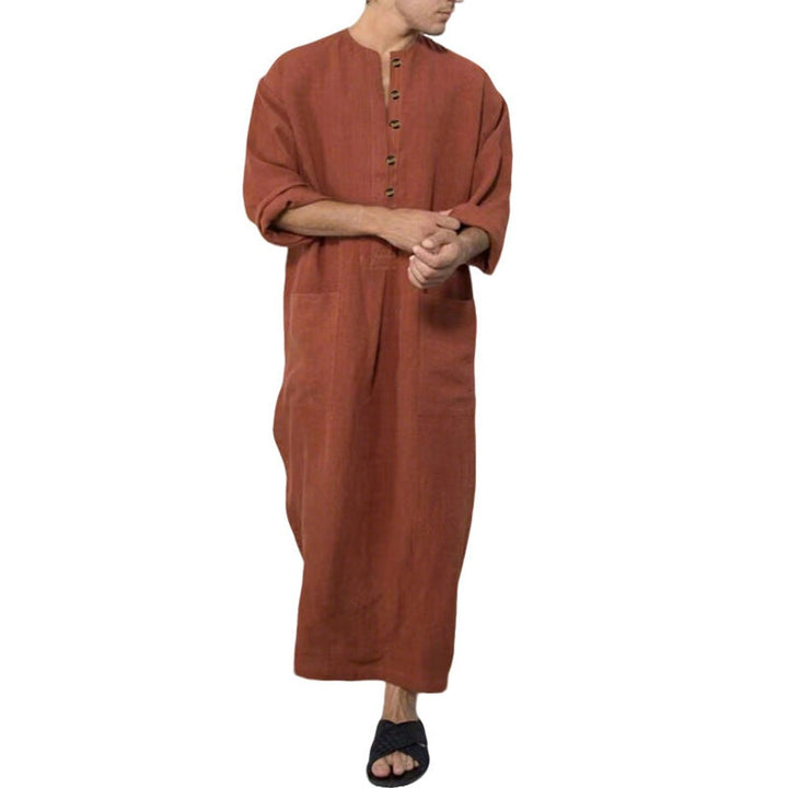 Lightweight men's linen kaftan tunic with buttons, long relaxed robe, great for beach wear & casual style.