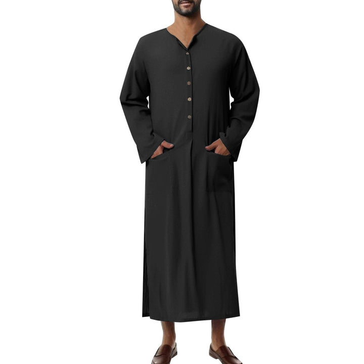 Versatile men's linen kaftan tunic, button-front, relaxed long robe, ideal for casual summer comfort.