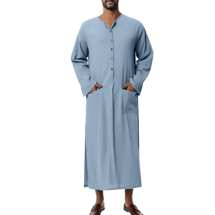 Men's long linen kaftan tunic, relaxed fit, button-front robe, perfect for summer beach & casual wear.