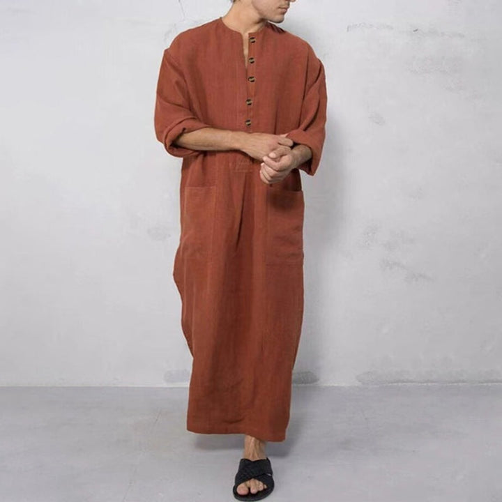 Men's relaxed fit linen kaftan tunic, perfect for breathable summer beachwear & loungewear.