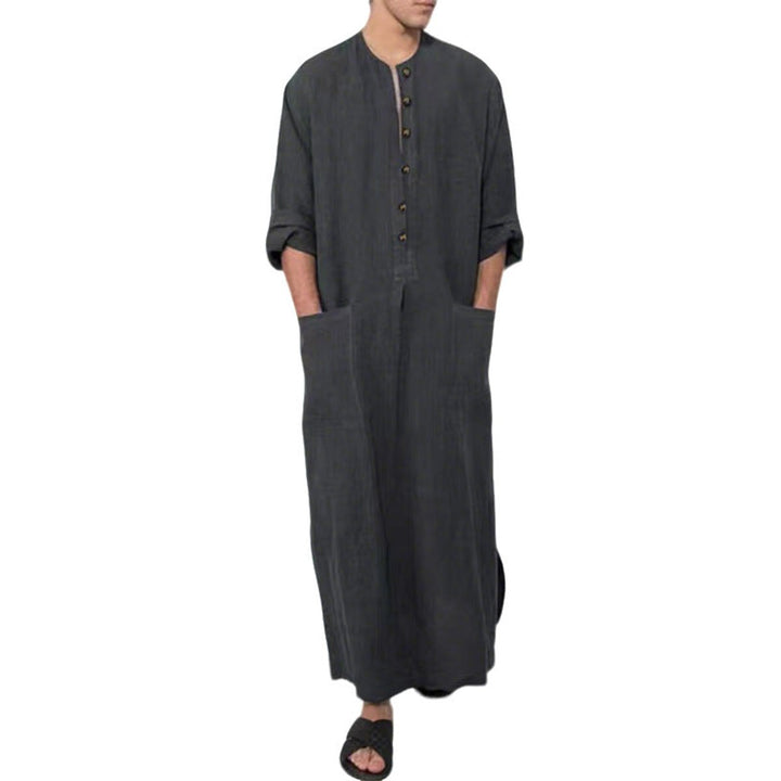 Front view of a men's linen kaftan tunic with a button placket, designed for relaxed summer comfort.