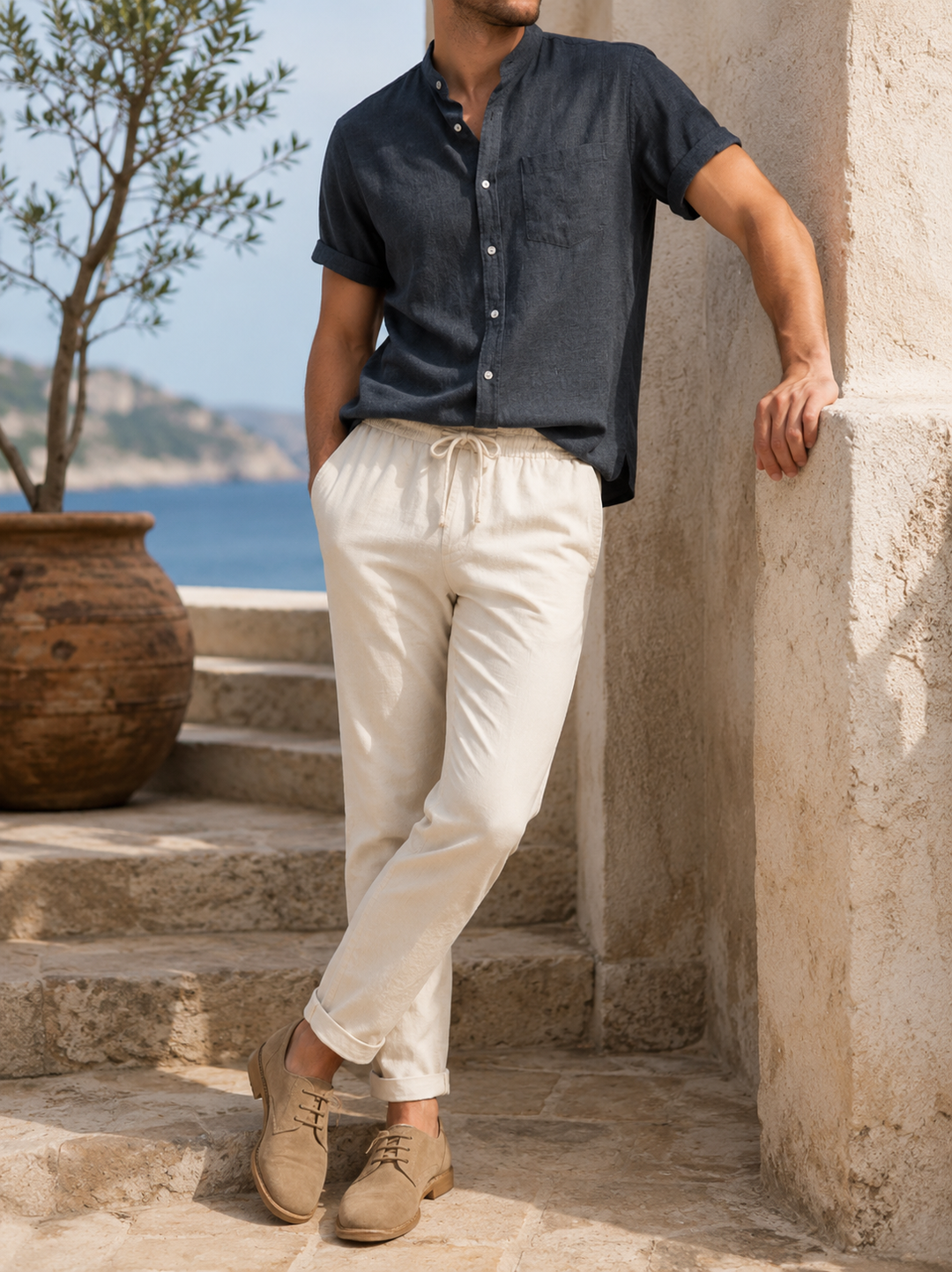 Comfortable men's relaxed fit linen set, a breathable stand collar summer outfit for casual elegance.