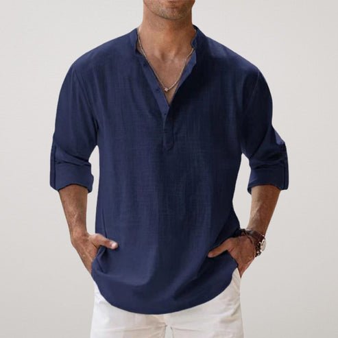 Casual men's summer shirt, relaxed fit, stylish rolled sleeves. A versatile linen top for warm weather fashion.