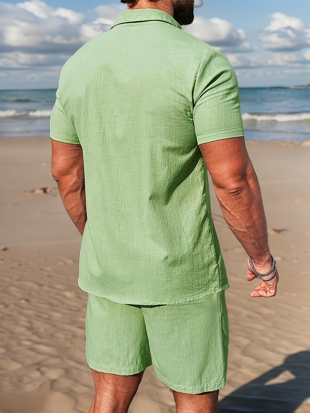 Men's comfortable two-piece summer outfit: linen short sleeve shirt & comfy shorts, relaxed style.