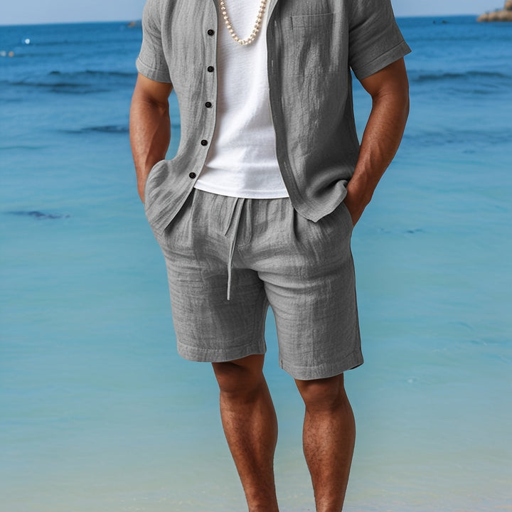 Men's lightweight linen summer outfit: short sleeve shirt & comfortable shorts for ultimate comfort.