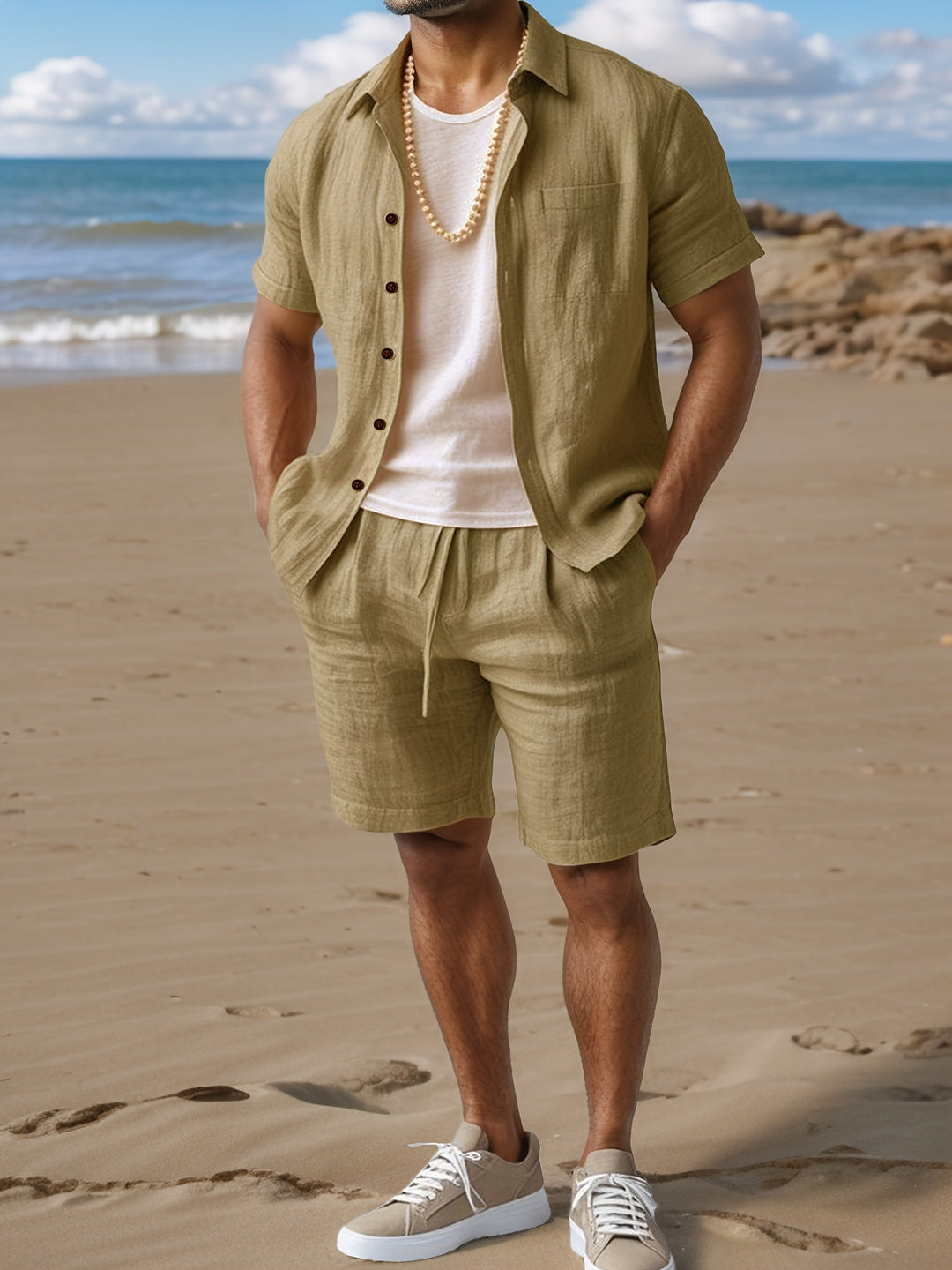 Linen summer outfit for men: comfortable short sleeve shirt & shorts. Ideal for casual wear & beach.