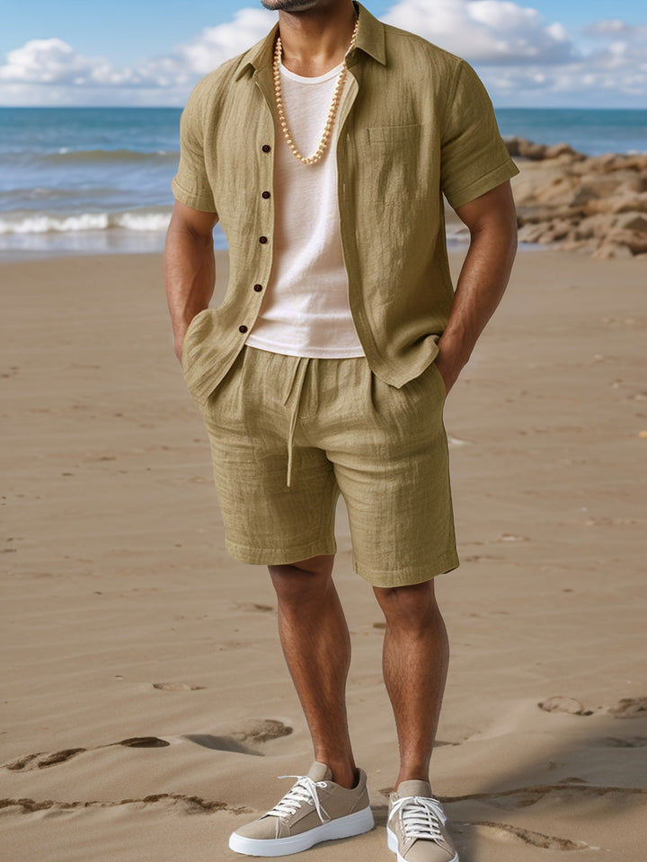 Linen summer outfit for men: comfortable short sleeve shirt & shorts. Ideal for casual wear & beach.