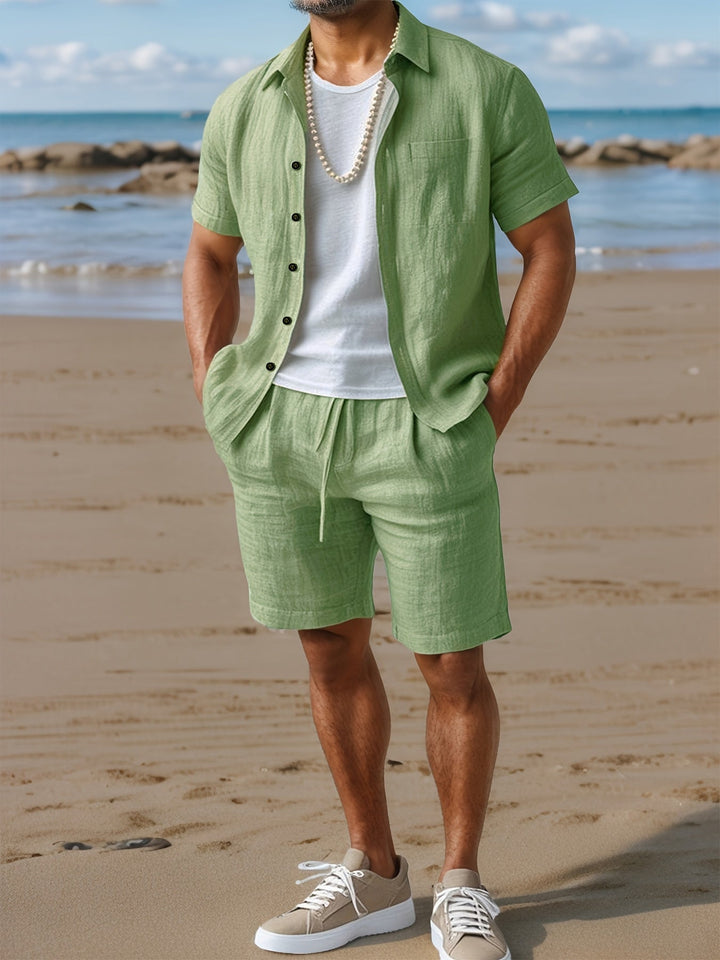 Comfortable men's summer linen set: short sleeve shirt & relaxed shorts. Perfect for vacations.
