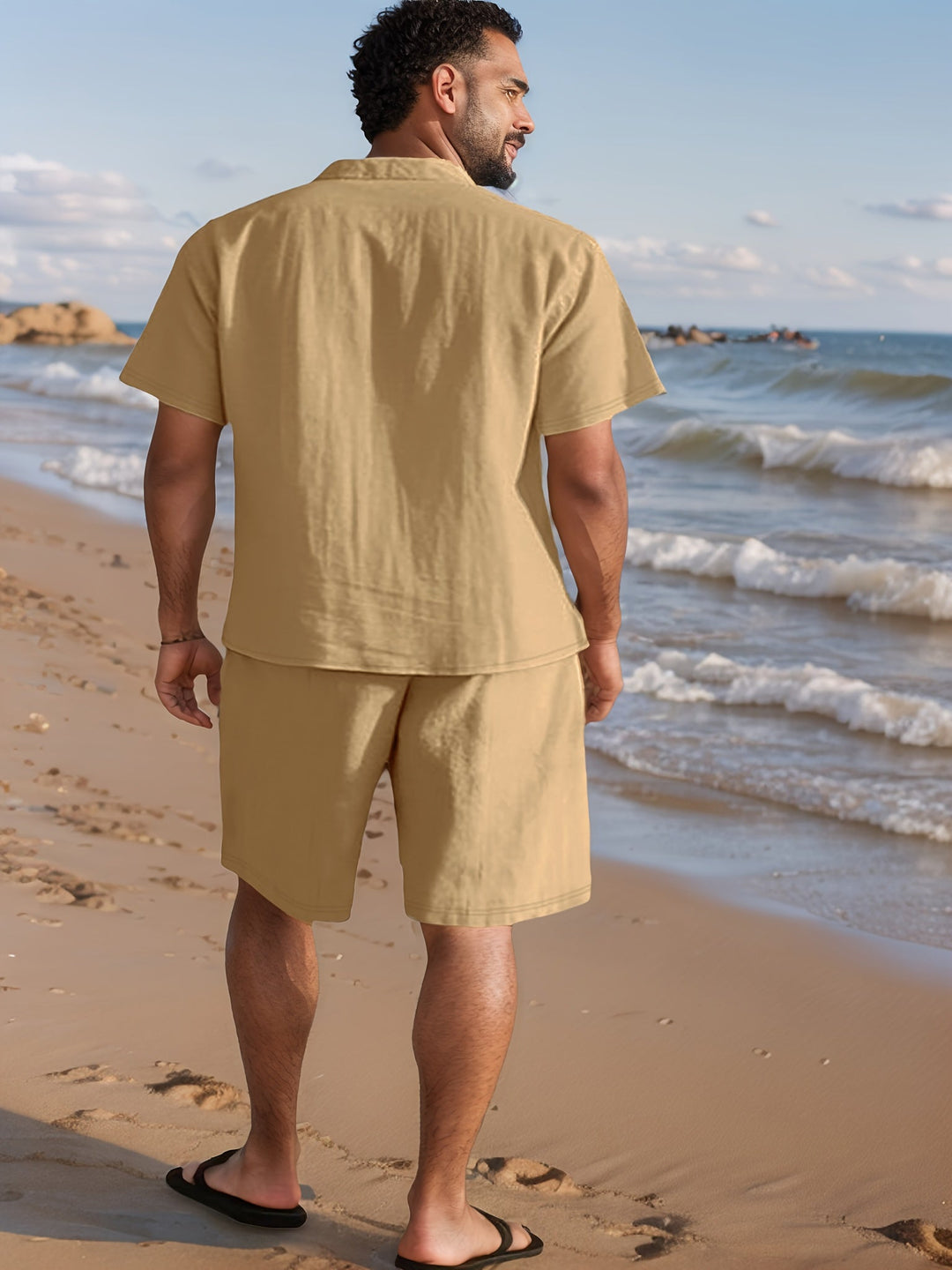 Linen summer vacation set for men: relaxed fit shirt & comfortable shorts for sunny days.