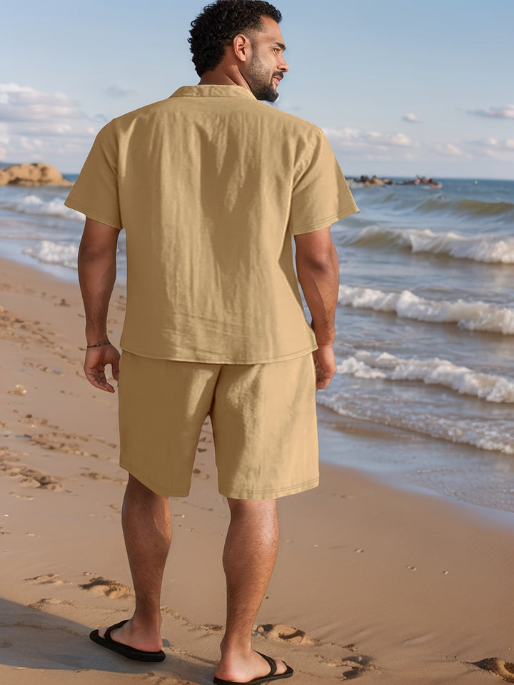 Linen summer vacation set for men: relaxed fit shirt & comfortable shorts for sunny days.