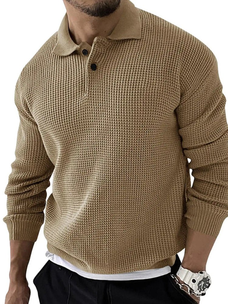 Men's relaxed fit long sleeve polo sweater, perfect for casual or smart casual autumn/winter menswear.