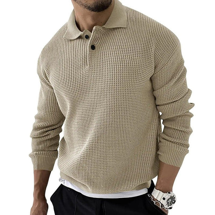 Stylish men's knit long sleeve polo sweater. Relaxed fit pullover, ideal for comfortable autumn & winter casual wear.