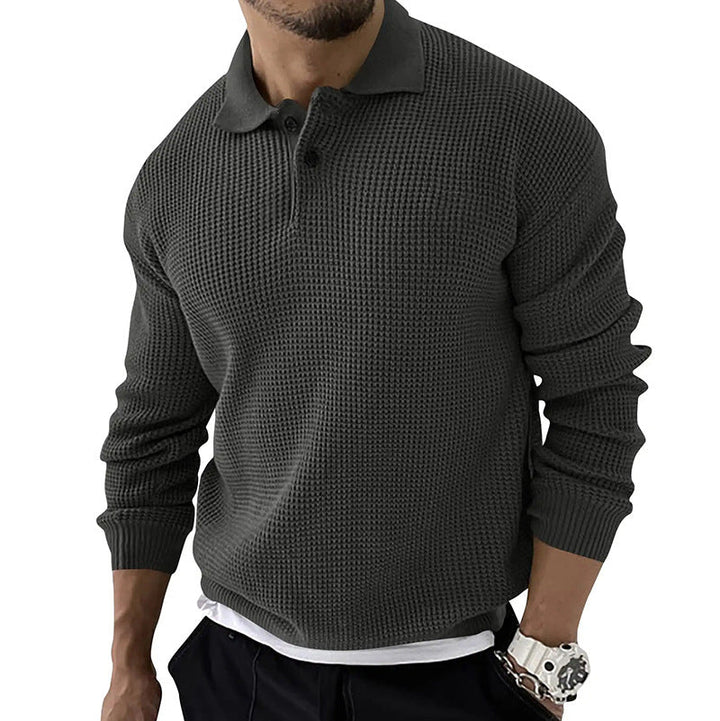 Versatile men's long sleeve polo pullover sweater for smart casual autumn and winter menswear. Relaxed fit design.