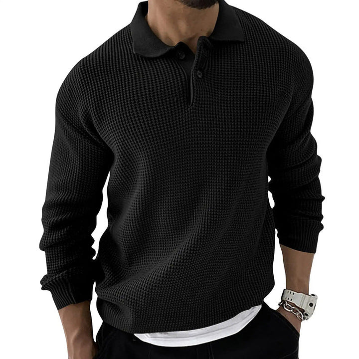 Comfortable men's relaxed fit long sleeve polo sweater. Stylish pullover, perfect for casual autumn and winter fashion.