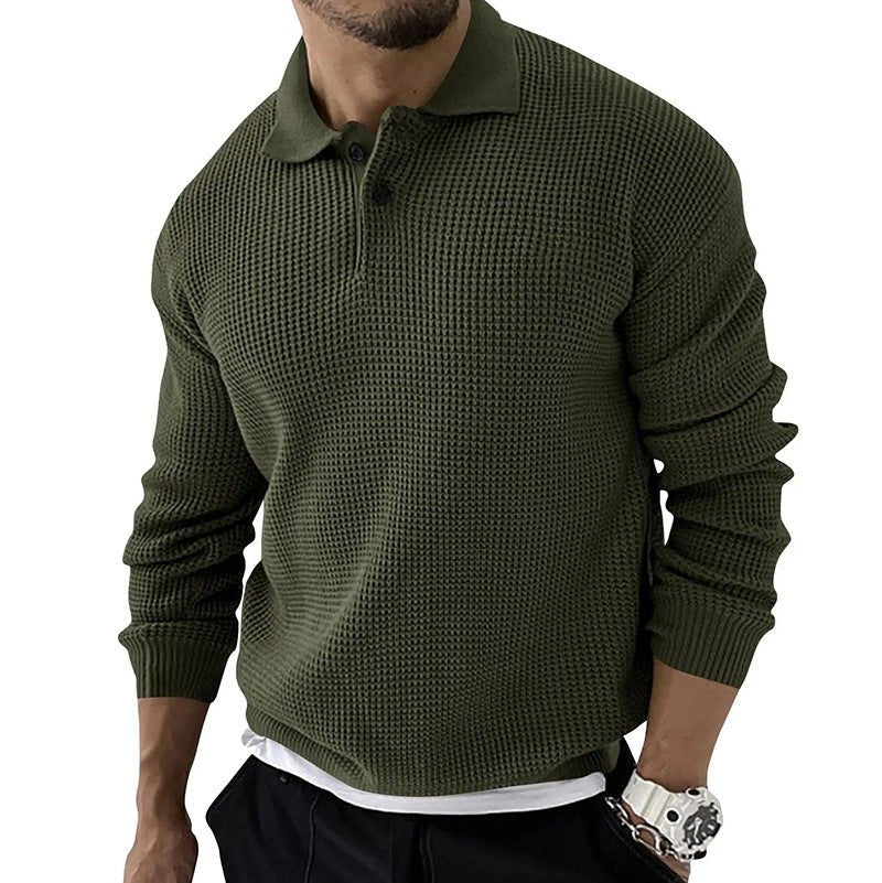 Men's long sleeve polo sweater with a relaxed fit. Stylish pullover ideal for autumn & winter smart casual menswear.