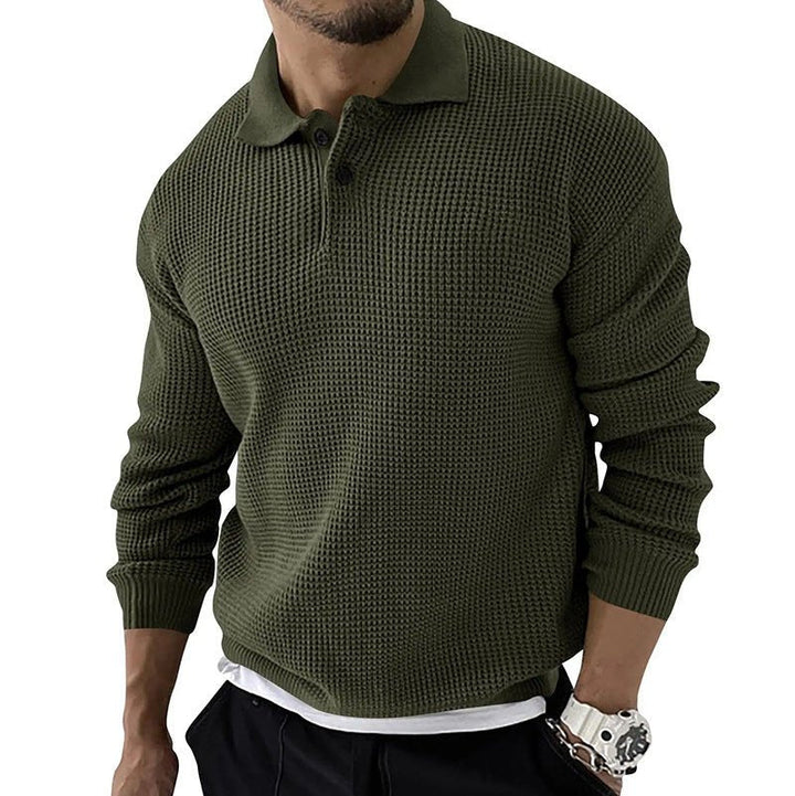 Men's long sleeve polo sweater with a relaxed fit. Stylish pullover ideal for autumn & winter smart casual menswear.