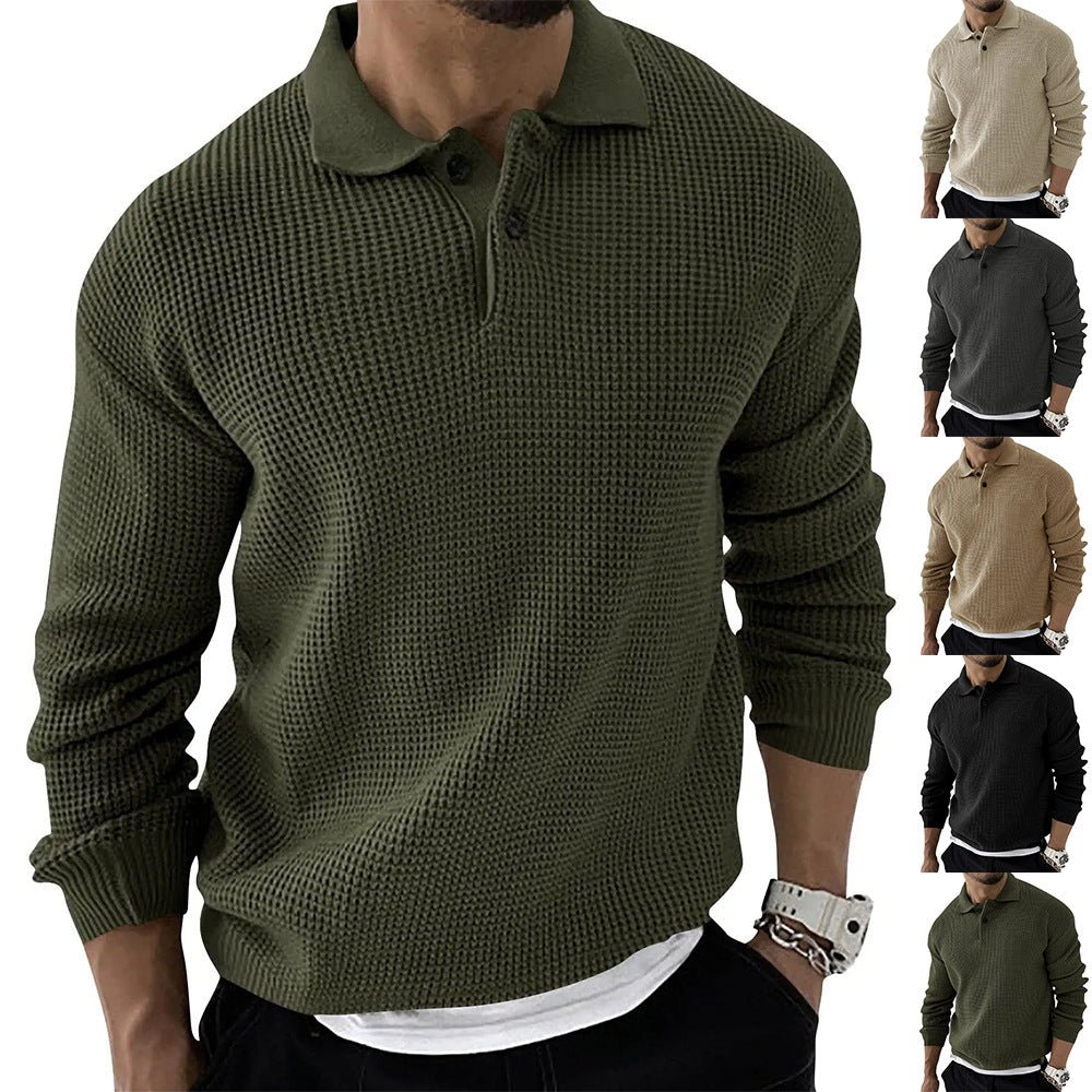 Fashionable men's relaxed fit long sleeve polo sweater. A stylish and comfortable pullover for casual autumn style.