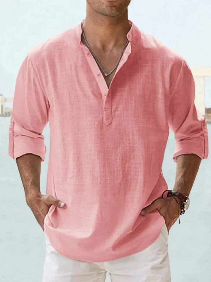 Men's long sleeve resort shirt, relaxed fit button-down, lightweight for cool summer evenings.