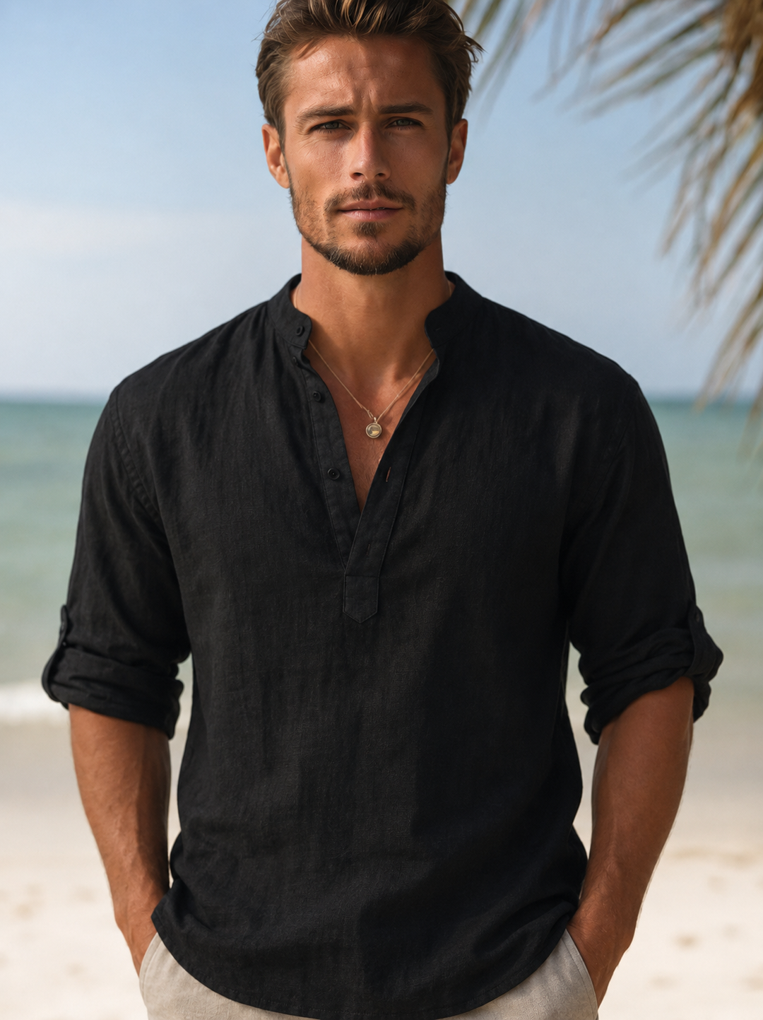 Lightweight men's long sleeve resort shirt, ideal for beach vacations & relaxed summer outfits.