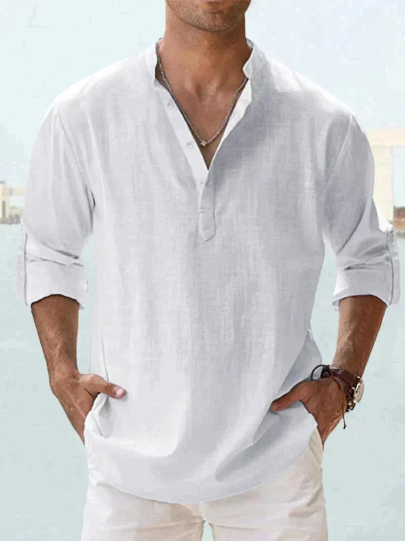 Effortless men's relaxed fit long sleeve summer shirt, lightweight resort wear for a relaxed look.