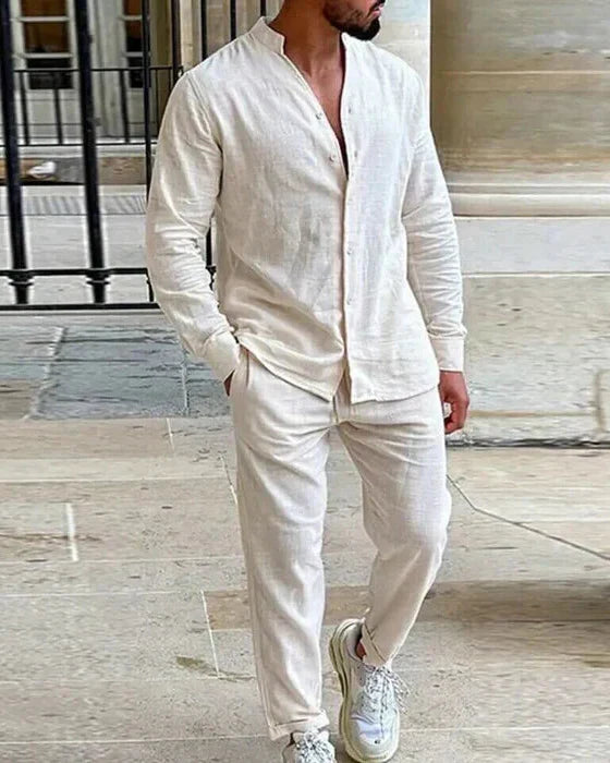 Men's relaxed fit mandarin collar shirt & trouser co-ord set. Stylish two-piece summer casual wear for modern men.