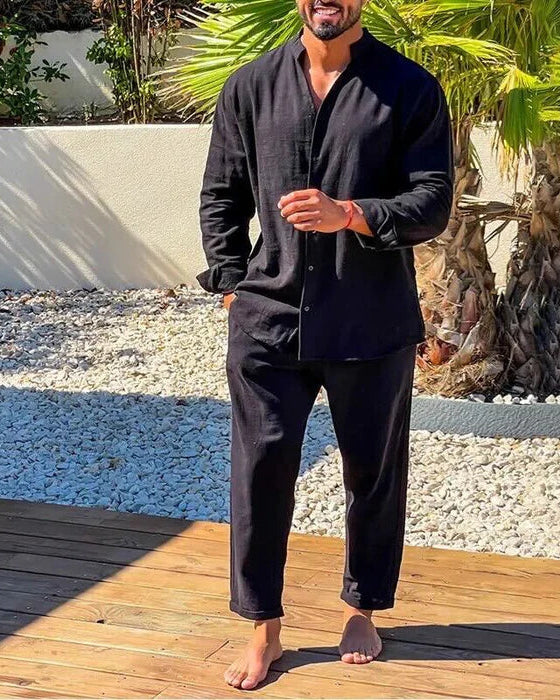 Comfortable men's relaxed fit two-piece set with mandarin collar shirt & matching trousers. Versatile casual summer outfit.