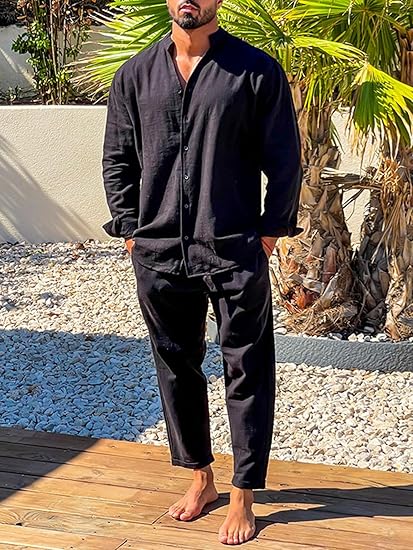 Modern men's mandarin collar shirt & relaxed fit trouser set. Chic two-piece co-ord for stylish casual summer fashion.