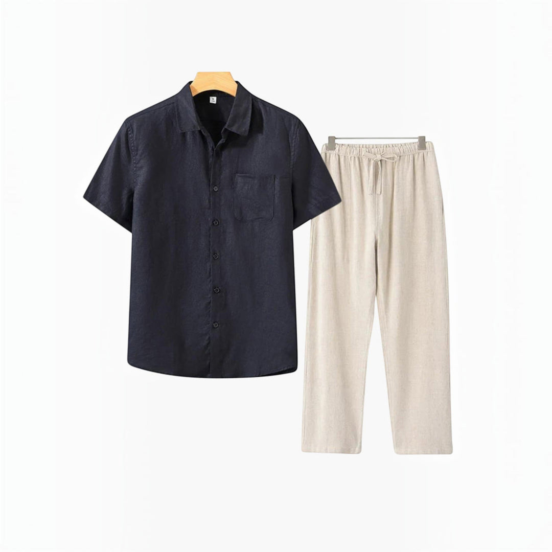 Lightweight men's relaxed fit matching shirt and shorts set, great for warm weather.