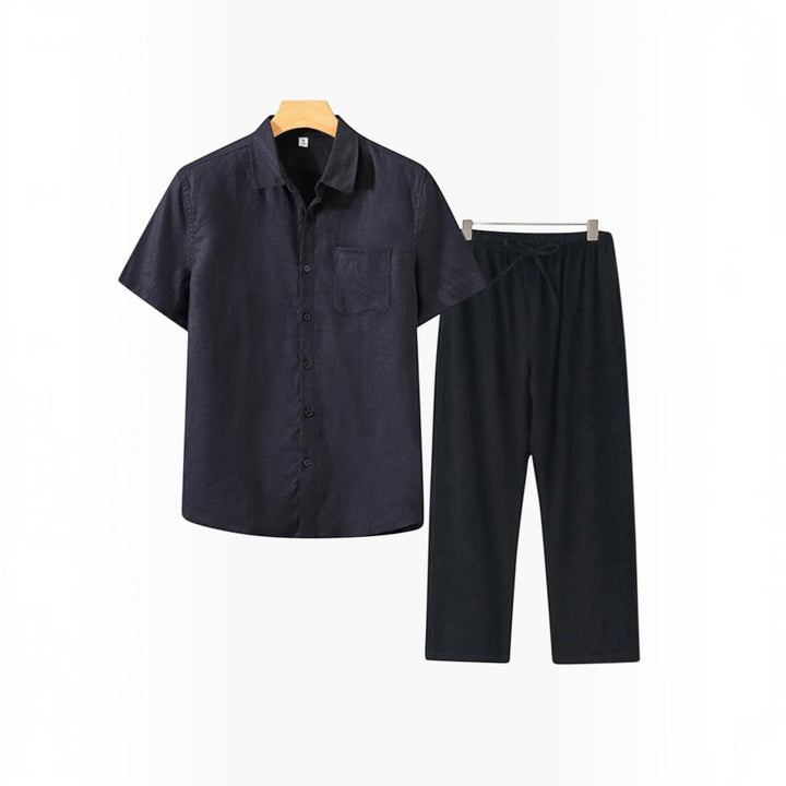 Men's summer casual two-piece: a relaxed fit shirt and matching shorts for easy style.