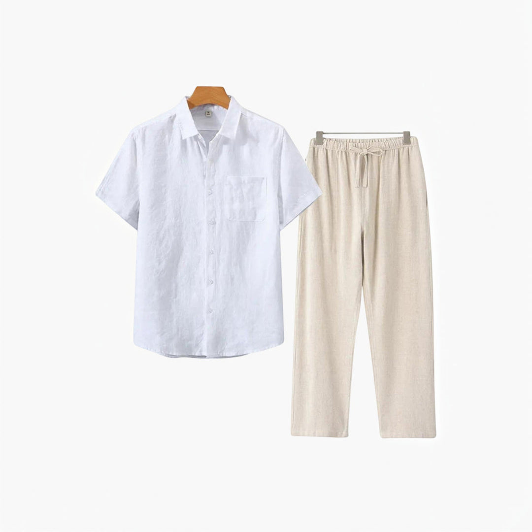 Men's casual summer outfit, a relaxed fit matching shirt and shorts two-piece set.