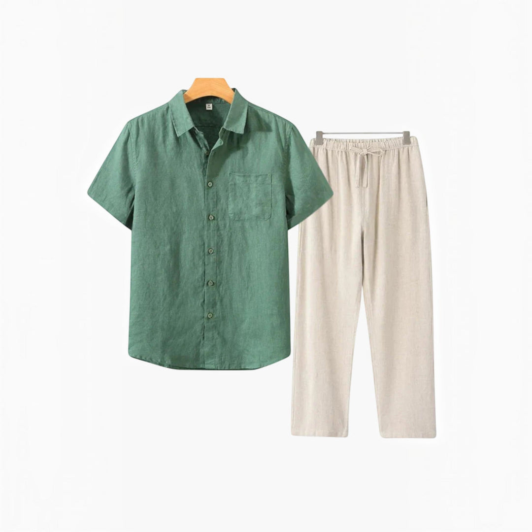 Versatile men's relaxed fit matching shirt and shorts set, ideal for beach or travel.