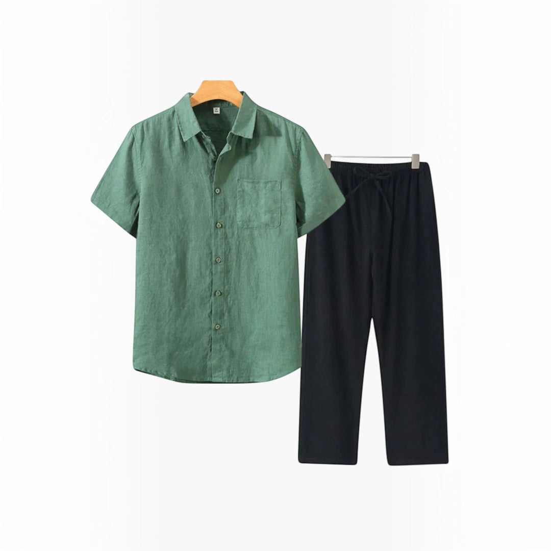 Modern men's relaxed fit two-piece set: casual shirt and coordinating shorts for holidays.