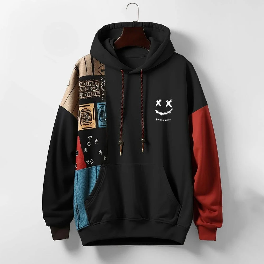 Stylish men's patchwork hooded sweatshirt with a unique color block design. Comfortable, relaxed fit for casual wear.