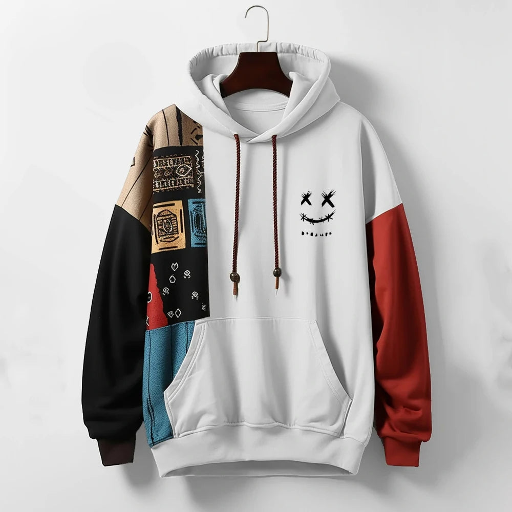 Men's comfortable patchwork hoodie featuring a bold color block design and relaxed fit, perfect for streetwear.