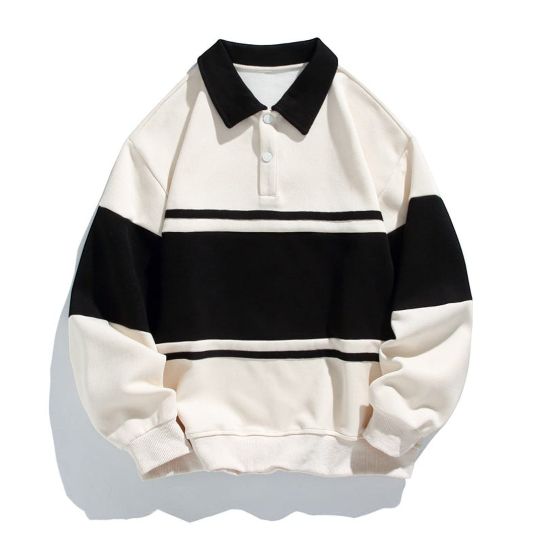 Men's relaxed fit sweatshirt polo, comfy long sleeves & button placket, casual fashion.