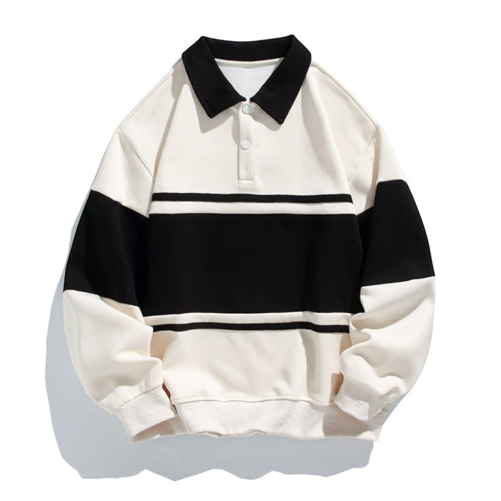 Men's relaxed fit sweatshirt polo, comfy long sleeves & button placket, casual fashion.
