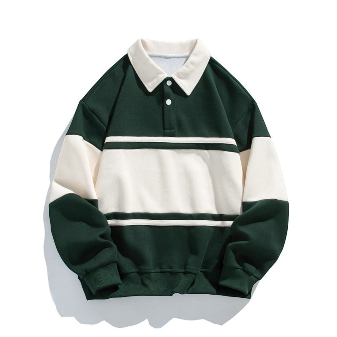 Striped men's polo sweatshirt with button placket, relaxed fit, perfect for casual fashion.