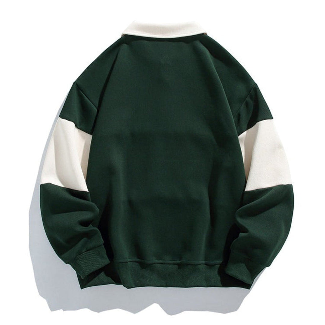 Men's casual polo sweatshirt with stylish button placket, relaxed fit, long sleeves.