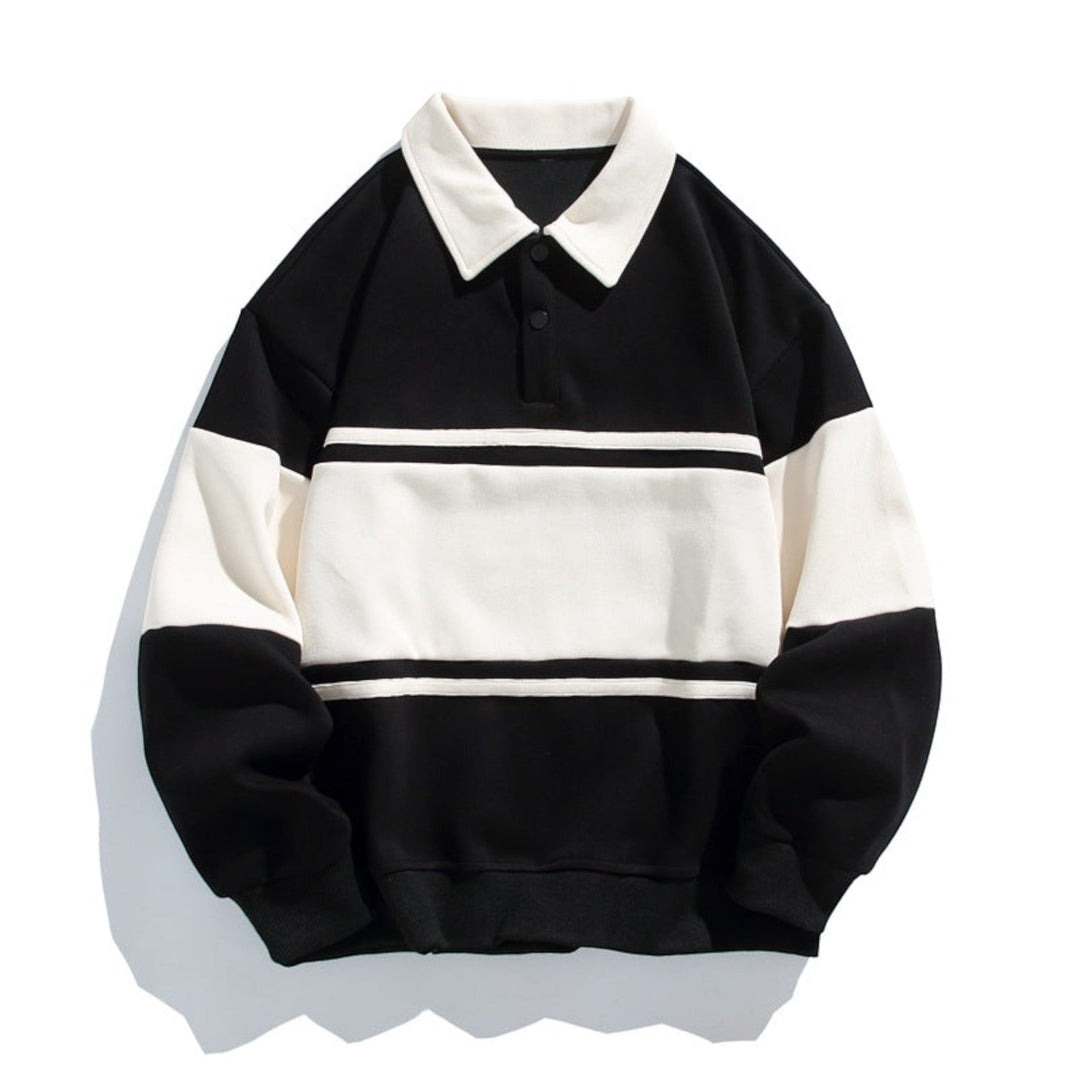Striped men's relaxed fit polo sweatshirt, button placket, essential casual menswear.