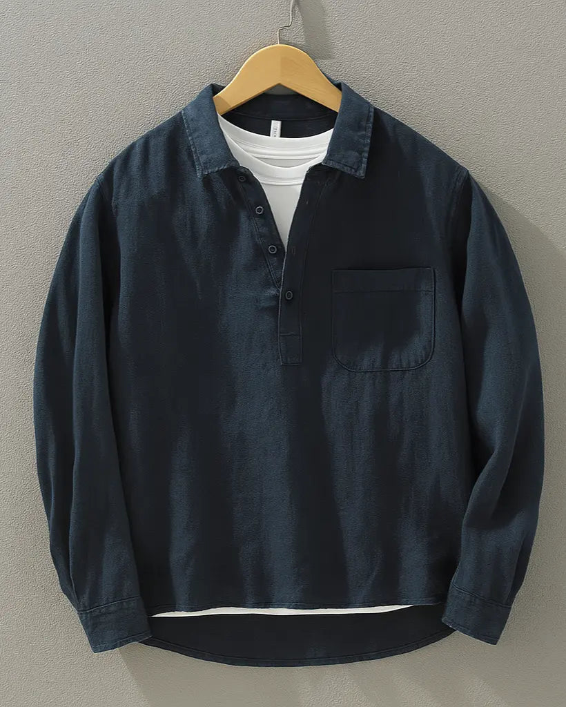 Men's relaxed fit popover shirt, perfect for casual summer style. Lightweight & modern comfort.