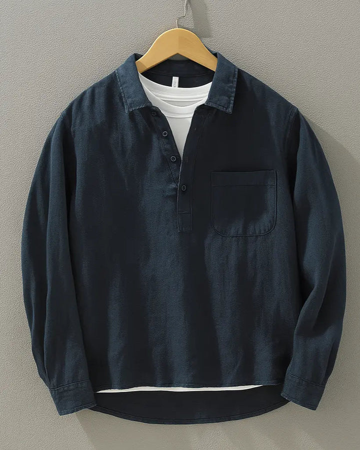 Men's relaxed fit popover shirt, perfect for casual summer style. Lightweight & modern comfort.
