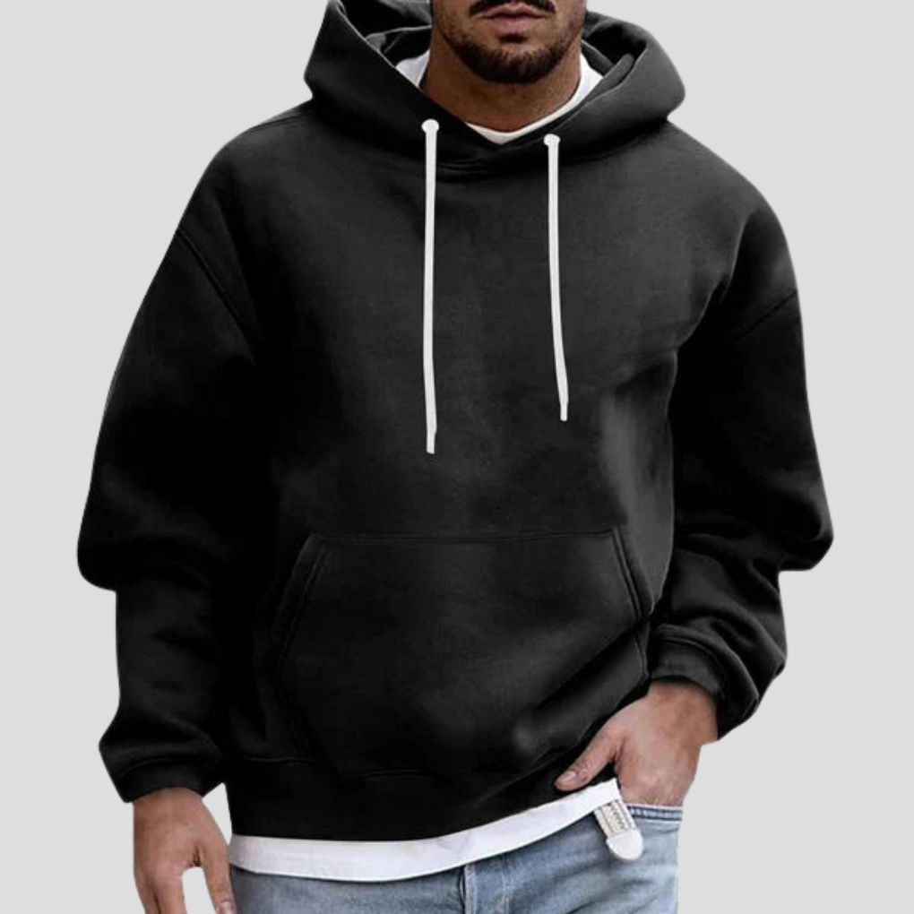 Versatile men's relaxed fit hoodie with kangaroo pockets, ideal for activewear, casual outings, and cozy loungewear.