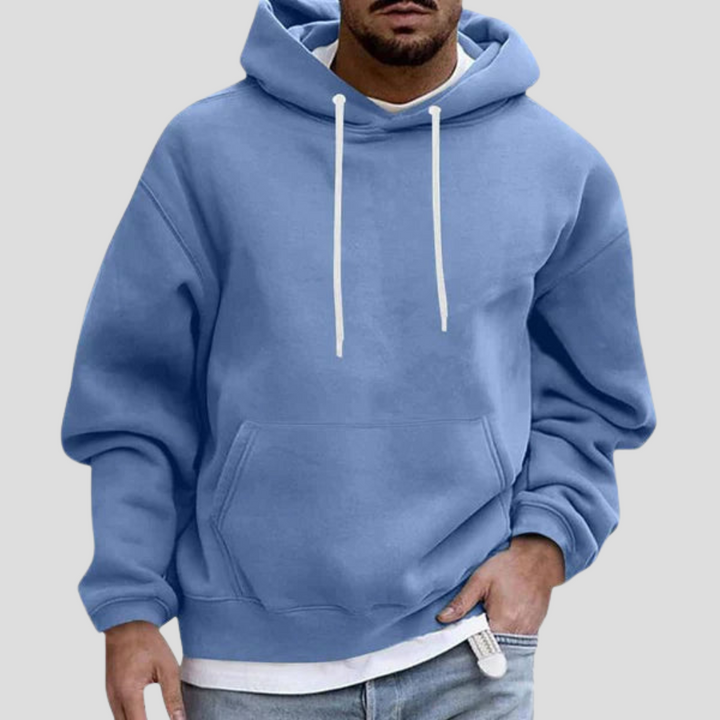 Relaxed fit men's pullover hoodie with functional pockets, perfect for casual activewear and everyday comfort.