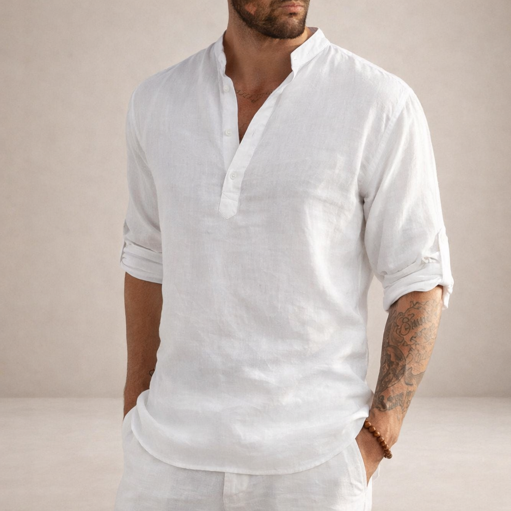 Men's relaxed fit roll sleeve shirt with open placket, perfect for resort wear & summer fashion.