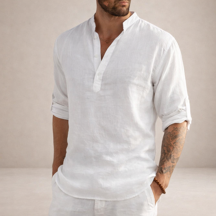 Men's relaxed fit roll sleeve shirt with open placket, perfect for resort wear & summer fashion.