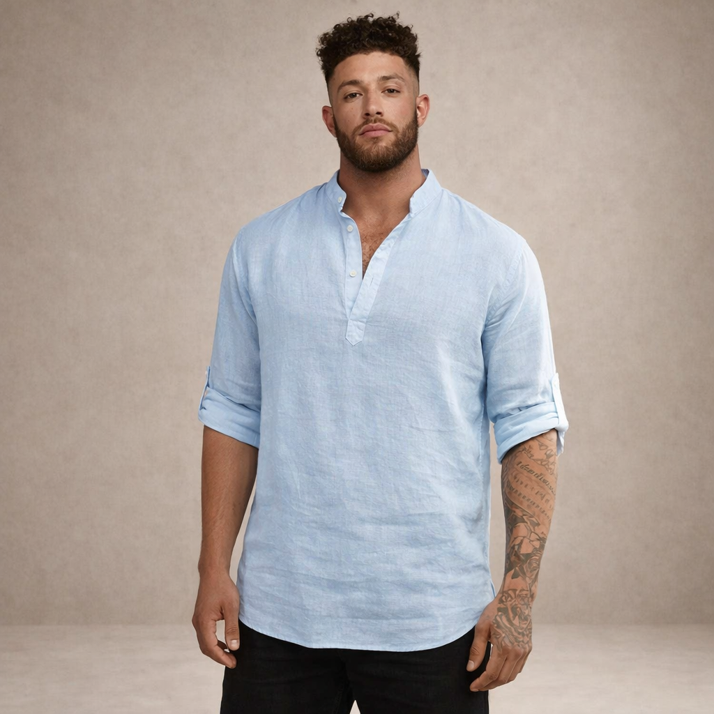 Men's summer shirt with open placket & roll sleeves. Relaxed fit, ideal for casual resort wear.
