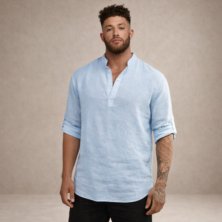 Men's summer shirt with open placket & roll sleeves. Relaxed fit, ideal for casual resort wear.