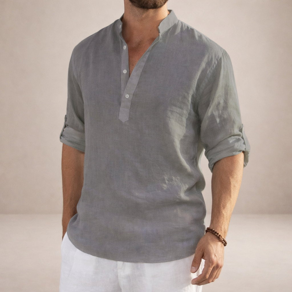 Men's smart casual open placket shirt with roll sleeves, versatile for resort & summer style.