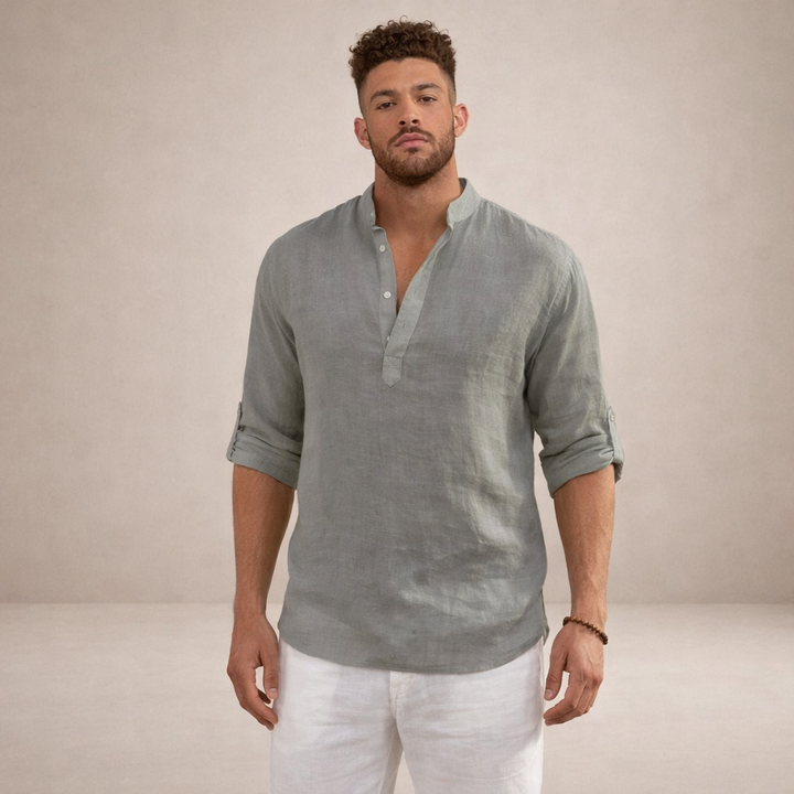 Men's roll sleeve shirt with open placket. Relaxed resort style for summer fashion.
